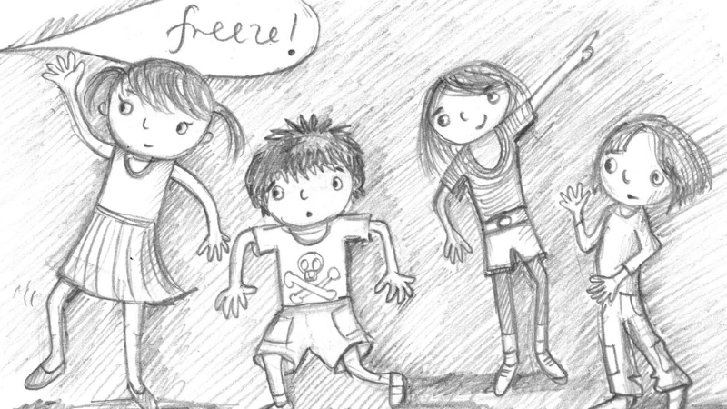 HÌnh vẽ những đứa trẻ đang thực hiện điệu nhảy gắn kết đồng đội dưới sự hướng dẫn của quản trò