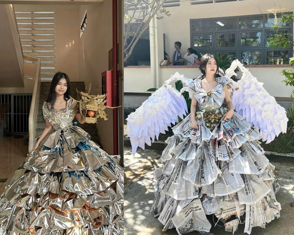 Thời trang báo giấy chủ đề môi trường mang thông điệp bảo vệ trái đất qua bộ váy đính kết tỉ mỉ từ giấy báo