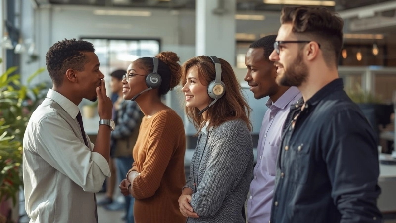 Người chơi tập trung lắng nghe khi tham gia thử thách truyền tin qua tai nghe đầy kịch tính