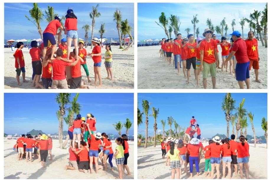 Mô hình xây tháp người 3 tầng đòi hỏi sự thăng bằng và kỹ thuật bố trí đội hình khéo léo